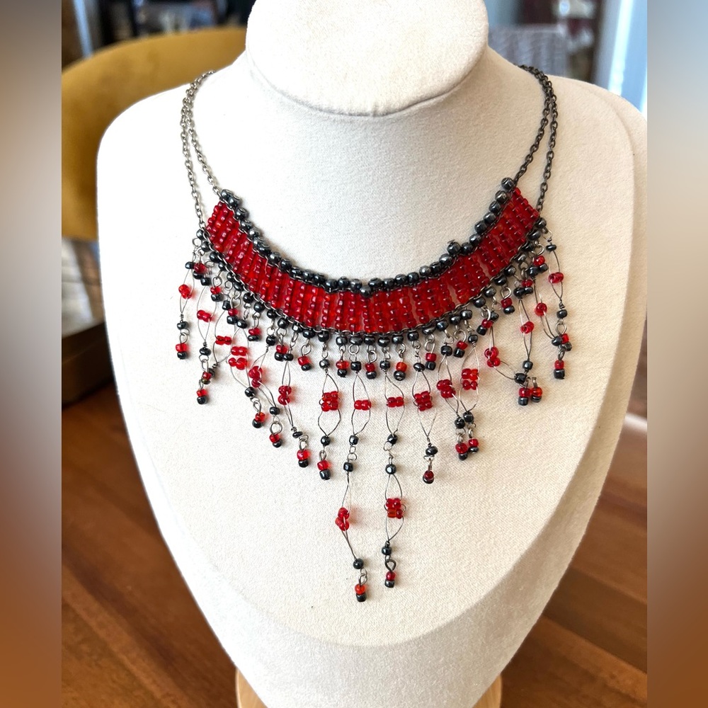 Red and Grey Beaded Bib Necklace with Fringe